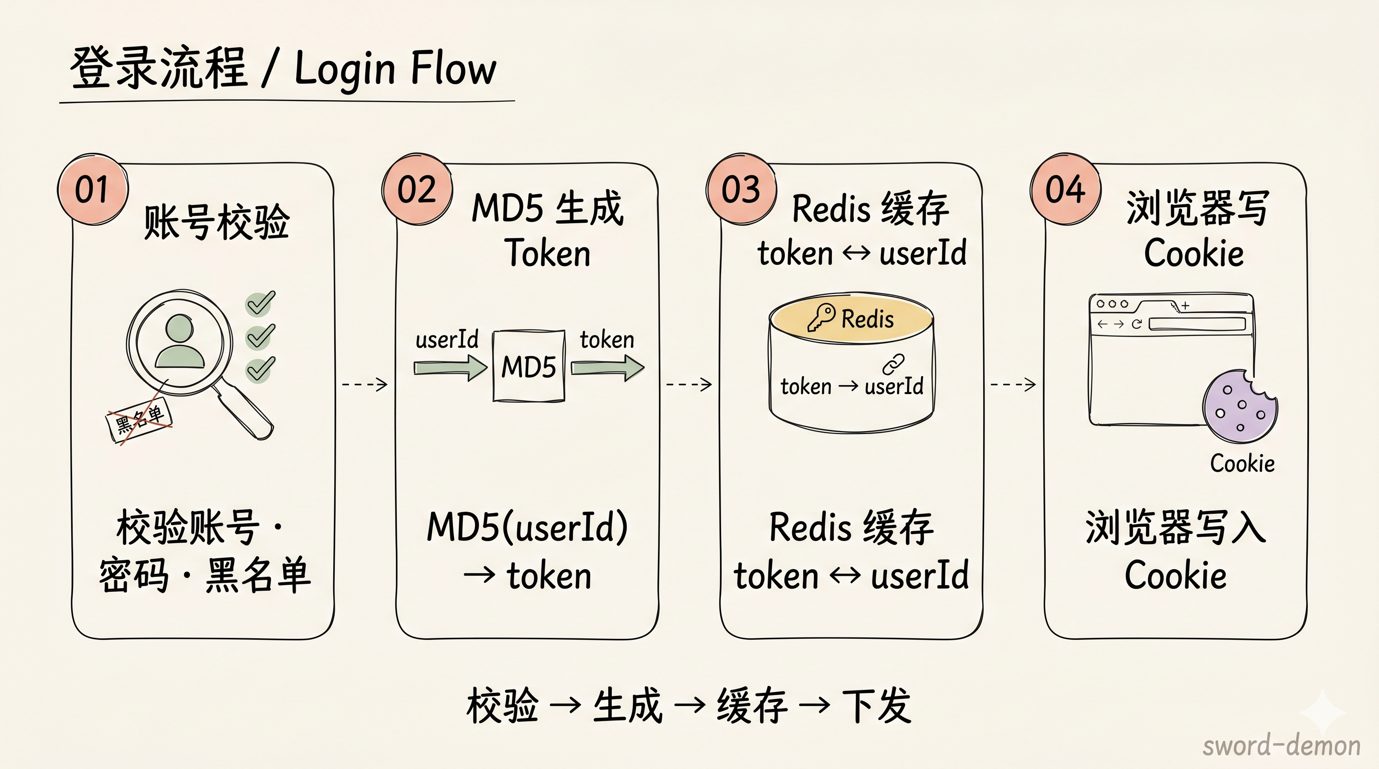 登录流程：校验 → 生成 token → Redis 缓存 → 写入 Cookie